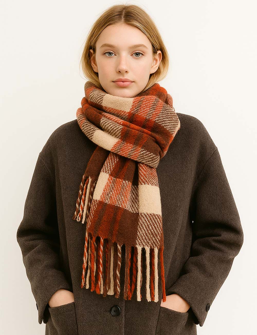 Ladies Vintage Fashion Plaid Pattern Oblong Tassel Knit Scarf