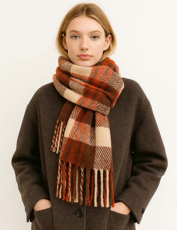 Ladies Vintage Fashion Plaid Pattern Oblong Tassel Knit Scarf