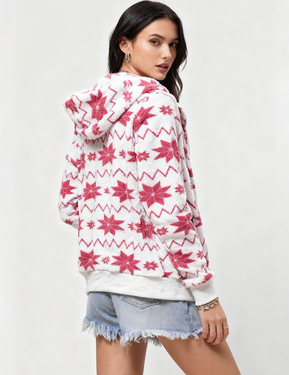 Ladies Christmas Snow Coral Fleece Zip Hooded Jacket SKT41016