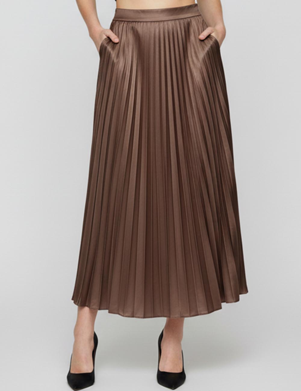Ladies Stain Solid Color Pleated Midi Skirt