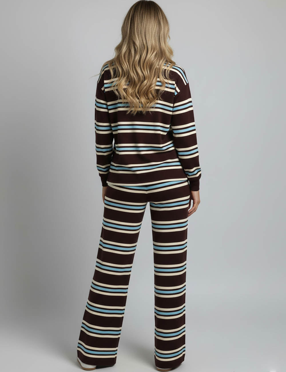 Ladies Striped Polo Collar Wide Leg Sweatshirt & Pants Set