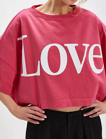 Ladies Round Collar Love Letter Print Short Sleeves Tee