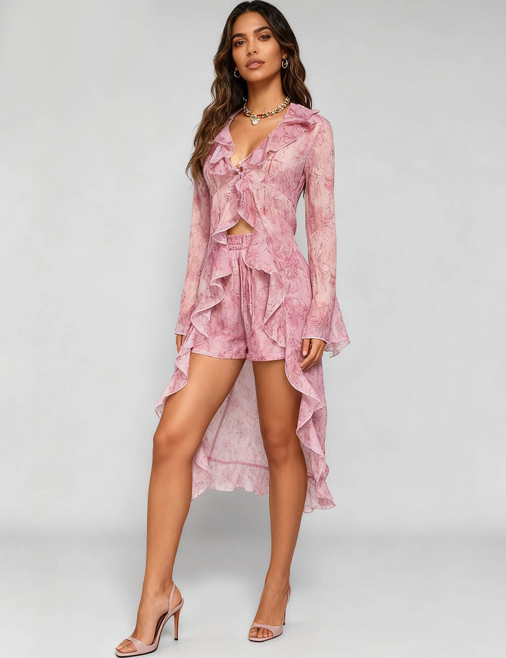 Ladies Floral Print Ruffle Lace-Up Cardigan & Shorts Set-