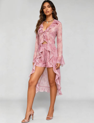 Ladies Floral Print Ruffle Lace-Up Cardigan & Shorts Set-