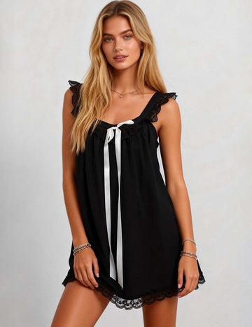 Ladies Lace Trim Bow Tie Front Babydoll Mini Dress