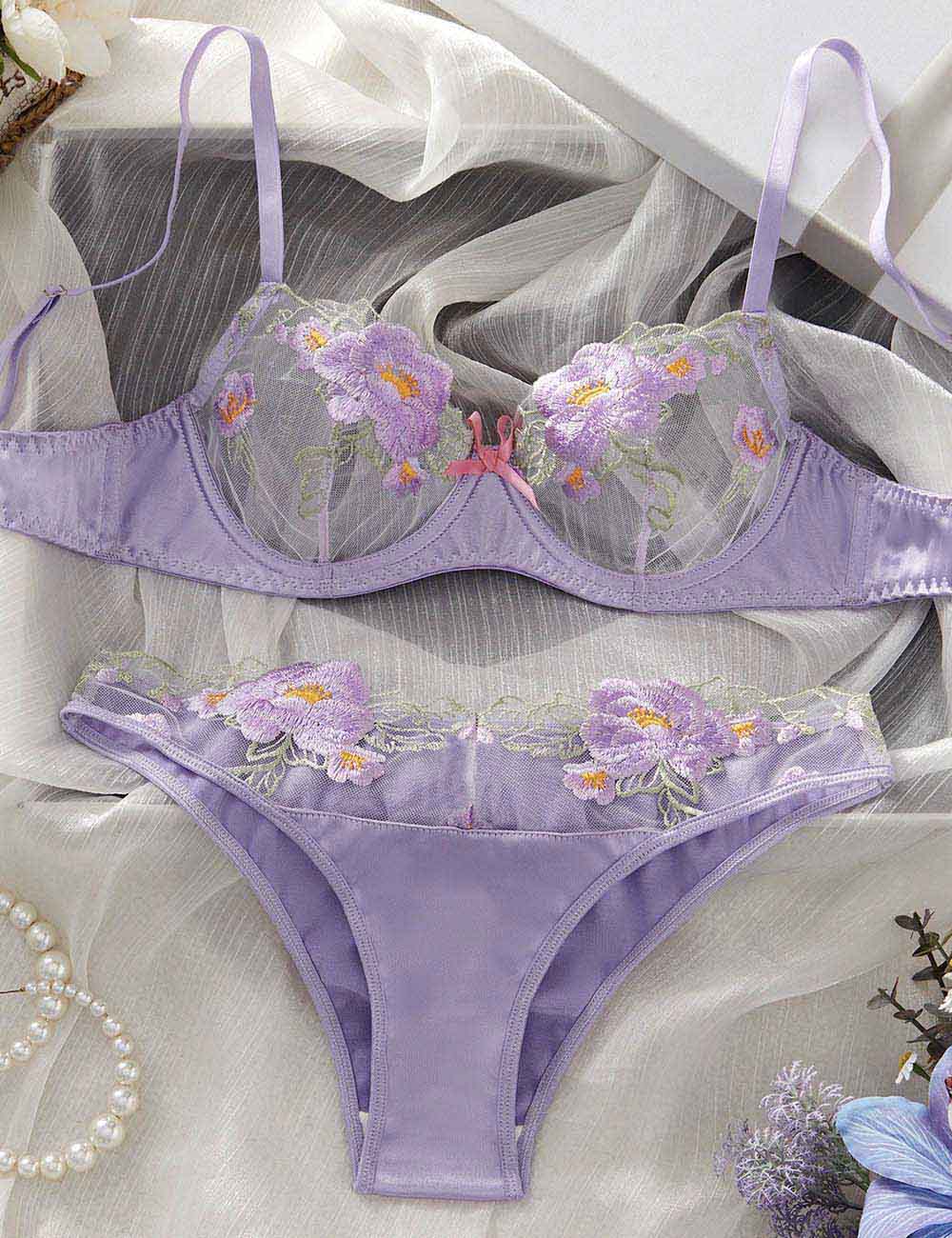 Ladies Floral Embroideries See Through 2PCS Lingerie Set 8XX0176