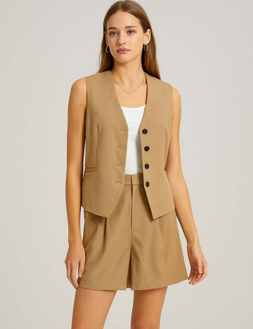 Ladies V-Neck Vest And Wide Leg Shorts Set K27788