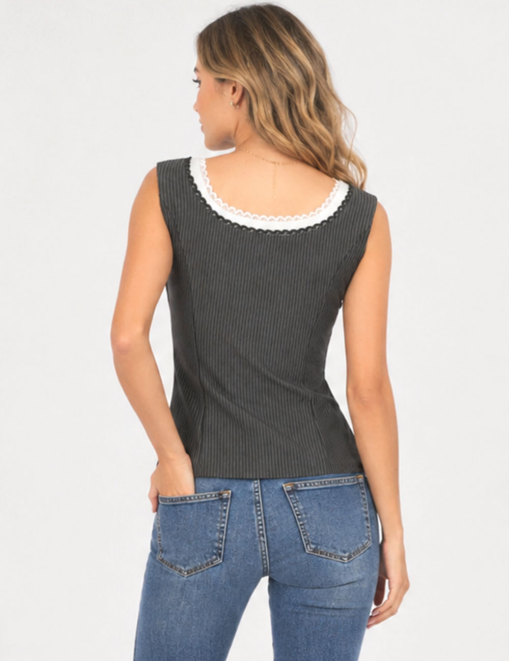 Ladies Chic Striped Print Lace Trim Button Front Sleeveless Tank Top