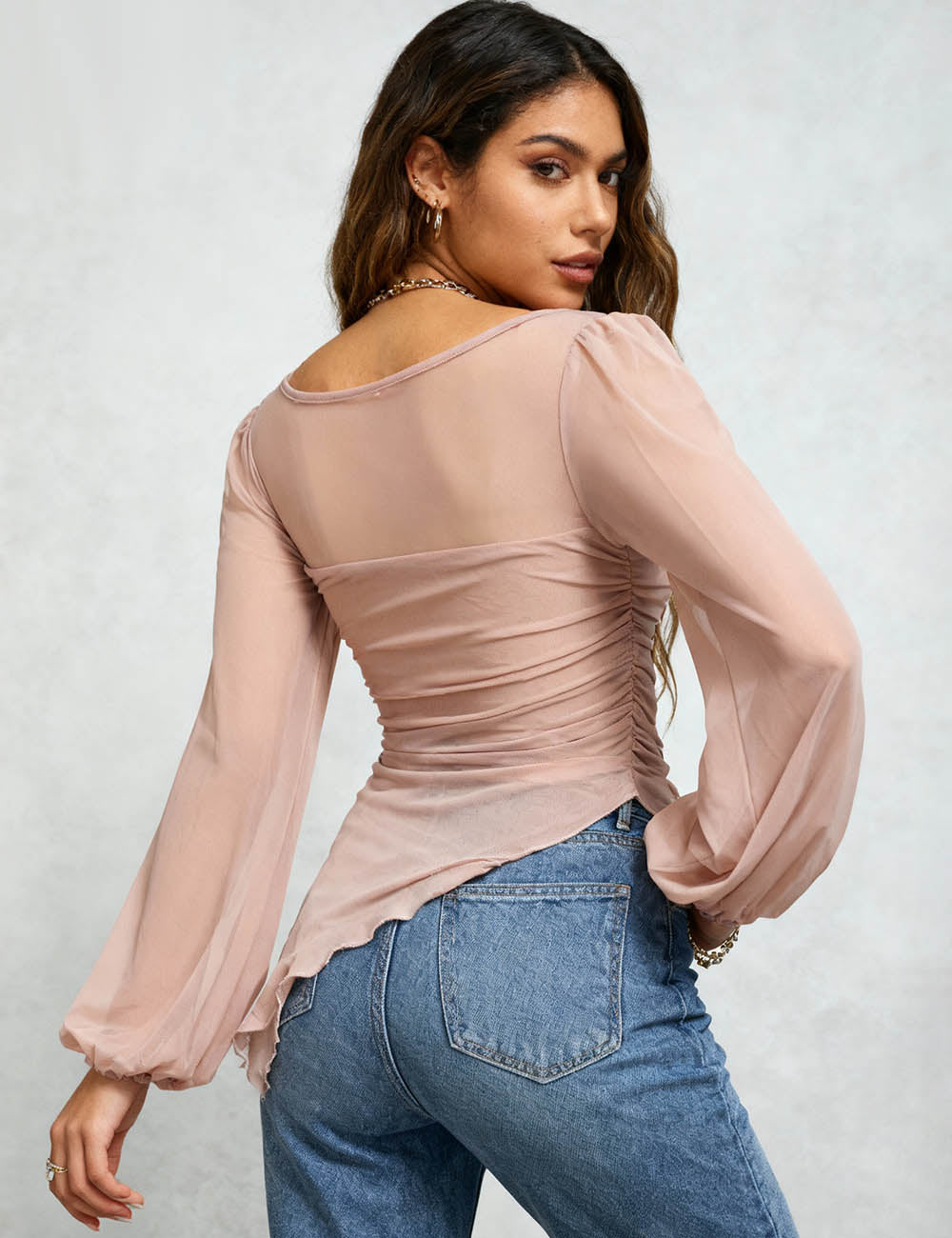 Ladies V-Neck Bow Tie Ruched Mesh Sheer Long Sleeve Top