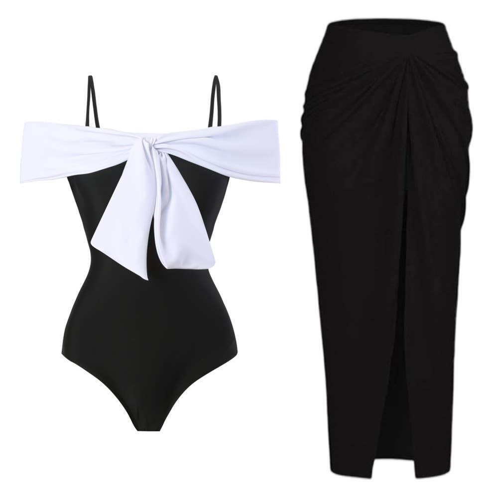 2 PCS Color Block Bow One Piece Swimwear with Cover Up Y123 - SWEETKAMA