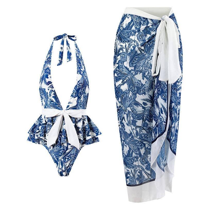 2 PCS Dragonfly Print One Piece Swimwear with Cover Up Y111 - SWEETKAMA