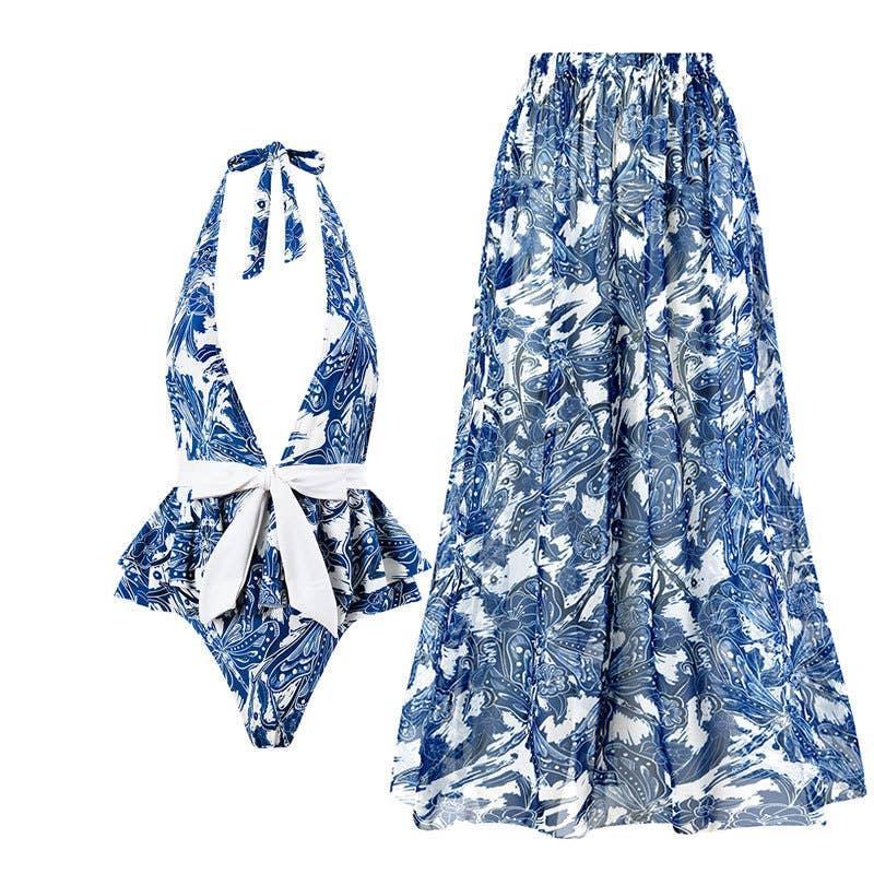 2 PCS Dragonfly Print One Piece Swimwear with Skirt Y111 - SWEETKAMA