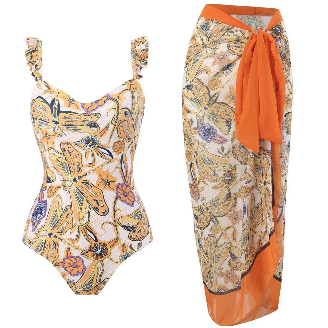 2 Piece Dragonfly Print One Piece Swimwear with Cover Up Y60 - SWEETKAMA