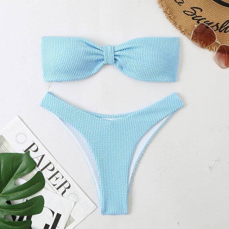 2 Piece Solid Color Back Tie Swimsuit 8812 - SWEETKAMA