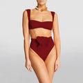 2 Piece Solid Color Flower Swimsuit Bikini Set 6649 - SWEETKAMA