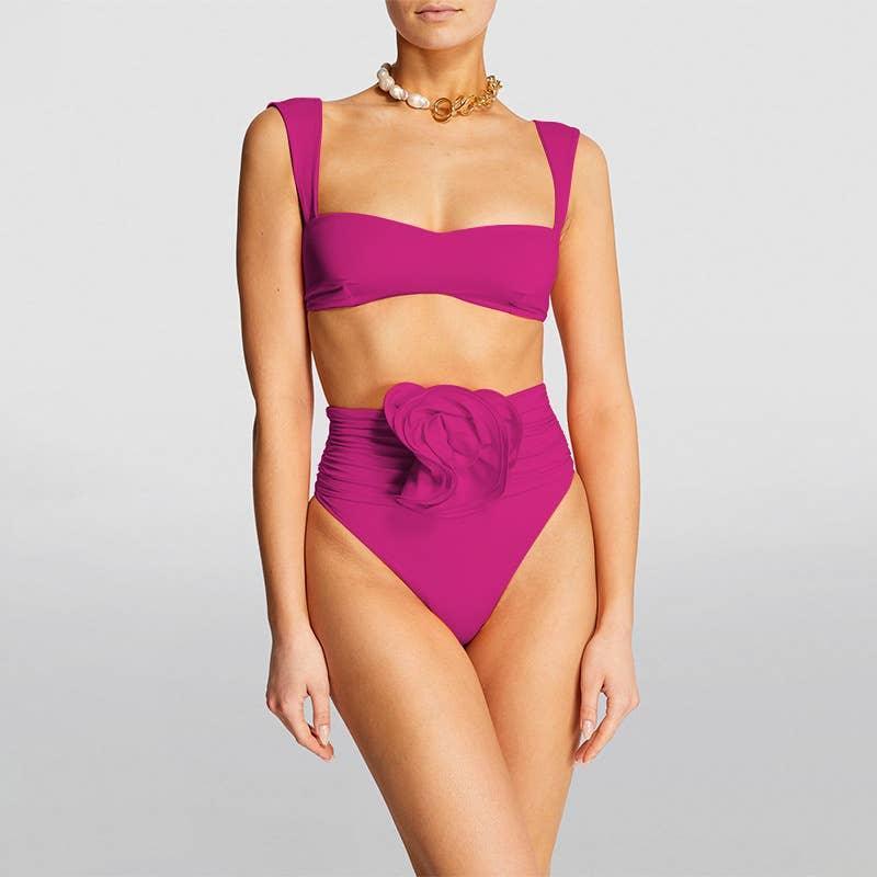 2 Piece Solid Color Flower Swimsuit Bikini Set 6649 - SWEETKAMA