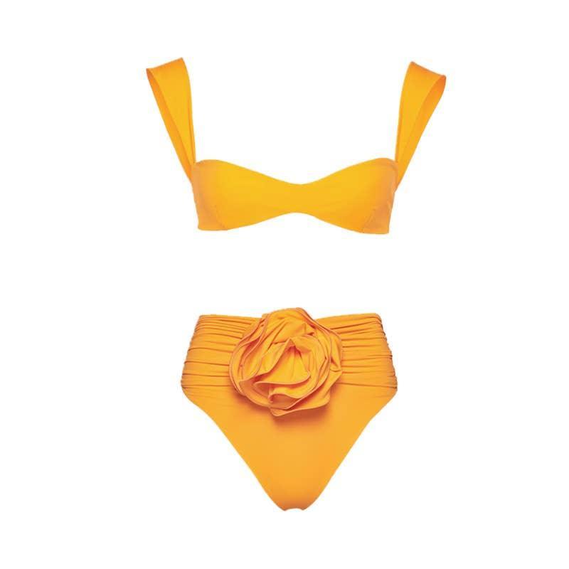 2 Piece Solid Color Flower Swimsuit Bikini Set 6649 - SWEETKAMA