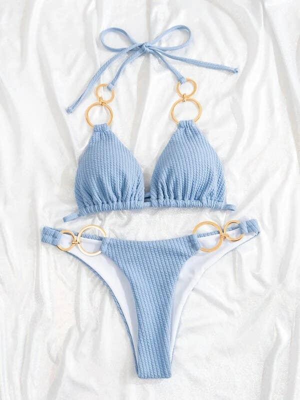 2 Piece Solid Color with Golden Ring Swimsuit Bikini Set 0012 - SWEETKAMA