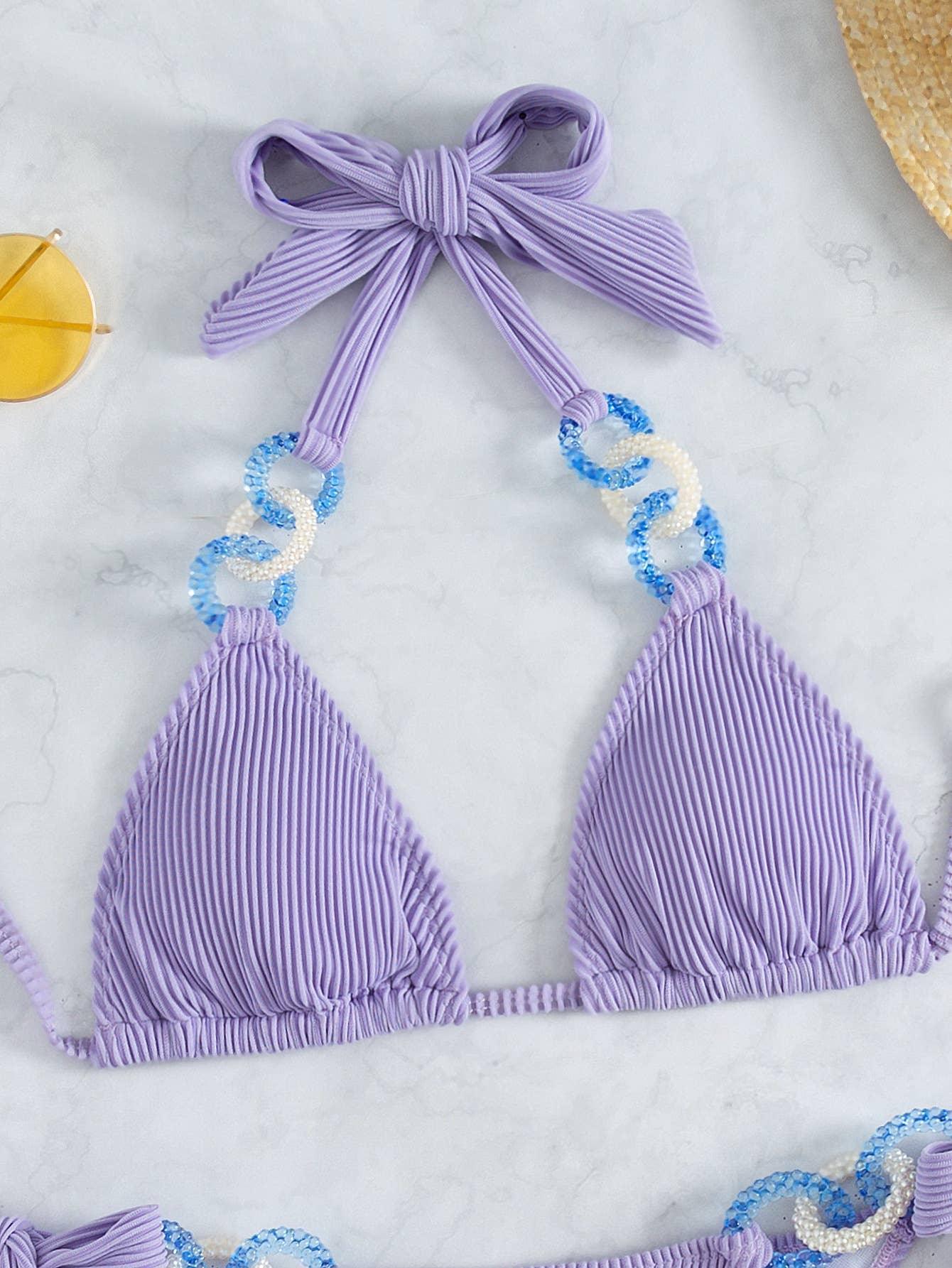2 Piece Solid Color with Ring Bikini Swimsuit 498 - SWEETKAMA