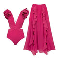 2 Shoulder Solid Color One Piece Swimwear with Cover Up 16008 - SWEETKAMA