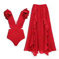 2 Shoulder Solid Color One Piece Swimwear with Cover Up 16008 - SWEETKAMA