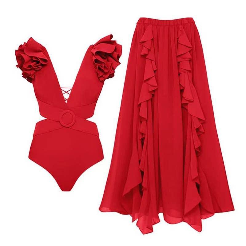 2 Shoulder Solid Color One Piece Swimwear with Cover Up 16008 - SWEETKAMA