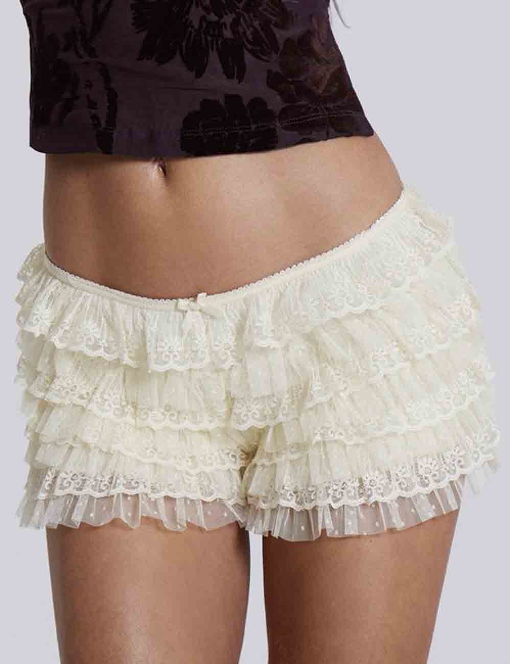 Ladies Solid Color Lace Mesh Tierd Ruffle Bowknot Shorts