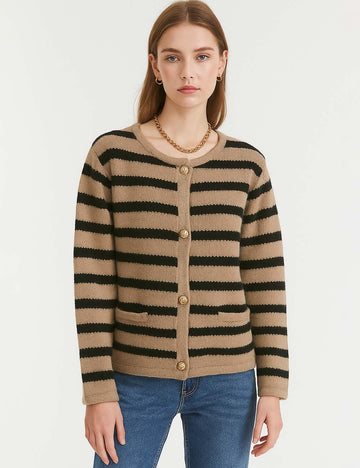Ladies Striped Round Neck Button Front Knit Cardigan