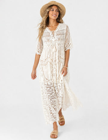Ladies Crochet Lace Hollow-Out Tassel Tie Neck Maxi Dress