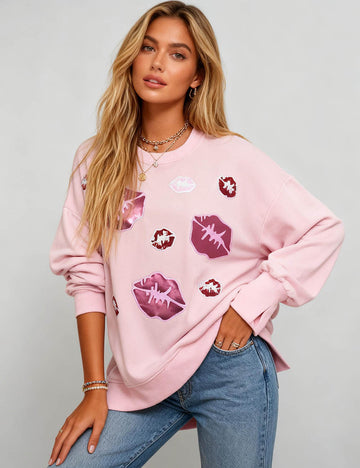 Ladies Shiny Sequin Kiss Pattern Round Neck Sweatshirt