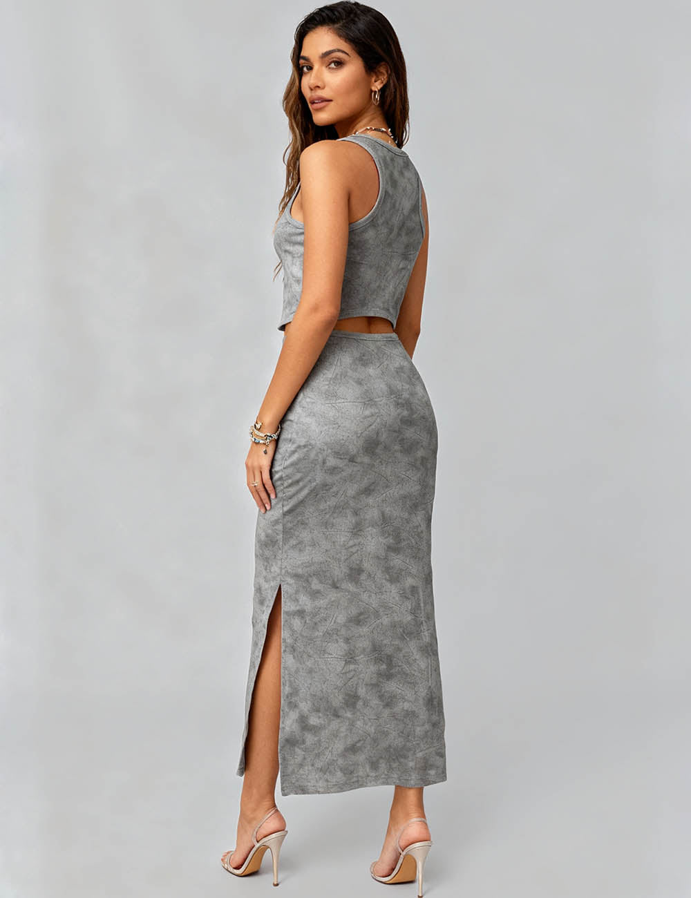 Ladies Print Crew Neck Side Split Back Cutout Tank Midi Dress