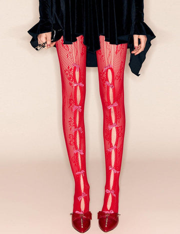 Ladies Punk Bowknot Stockings Color Block Pantyhose SKASC4114