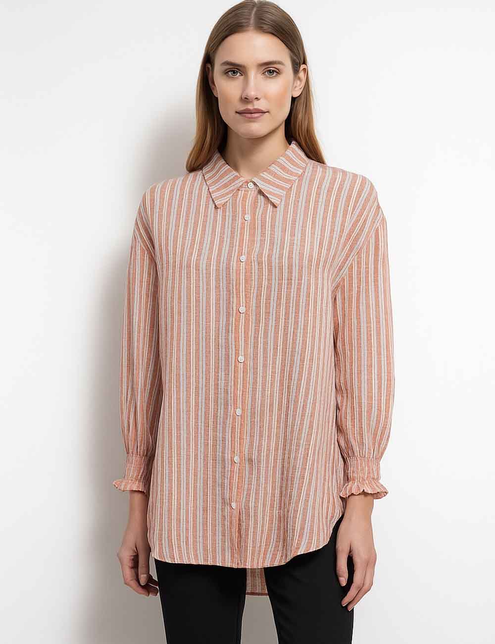 Ladies Multicolor Striped Turndown Collar Button Shirt