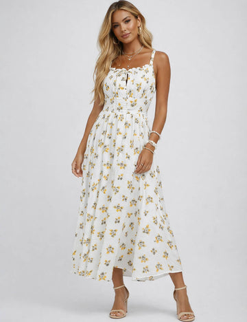 Ladies Lemon Print Ruched Bodice Tie Front Split Midi Dress