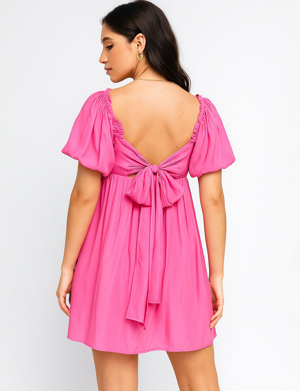 Ladies Solid Color Bubble Sleeves Mini Dress SKD50284