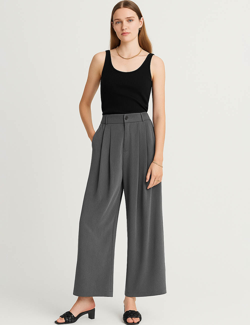 Ladies Solid Color Button Waist Wide Leg Pants