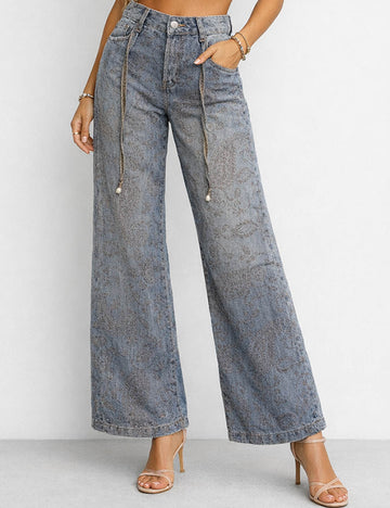Ladies Paisley Jacquard Wide Leg Denim Pants