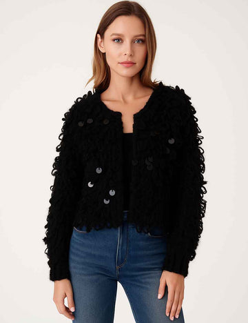 Ladies Crochet Sequin Front Open Faxu Mohair Fur Fluffy Cardigan