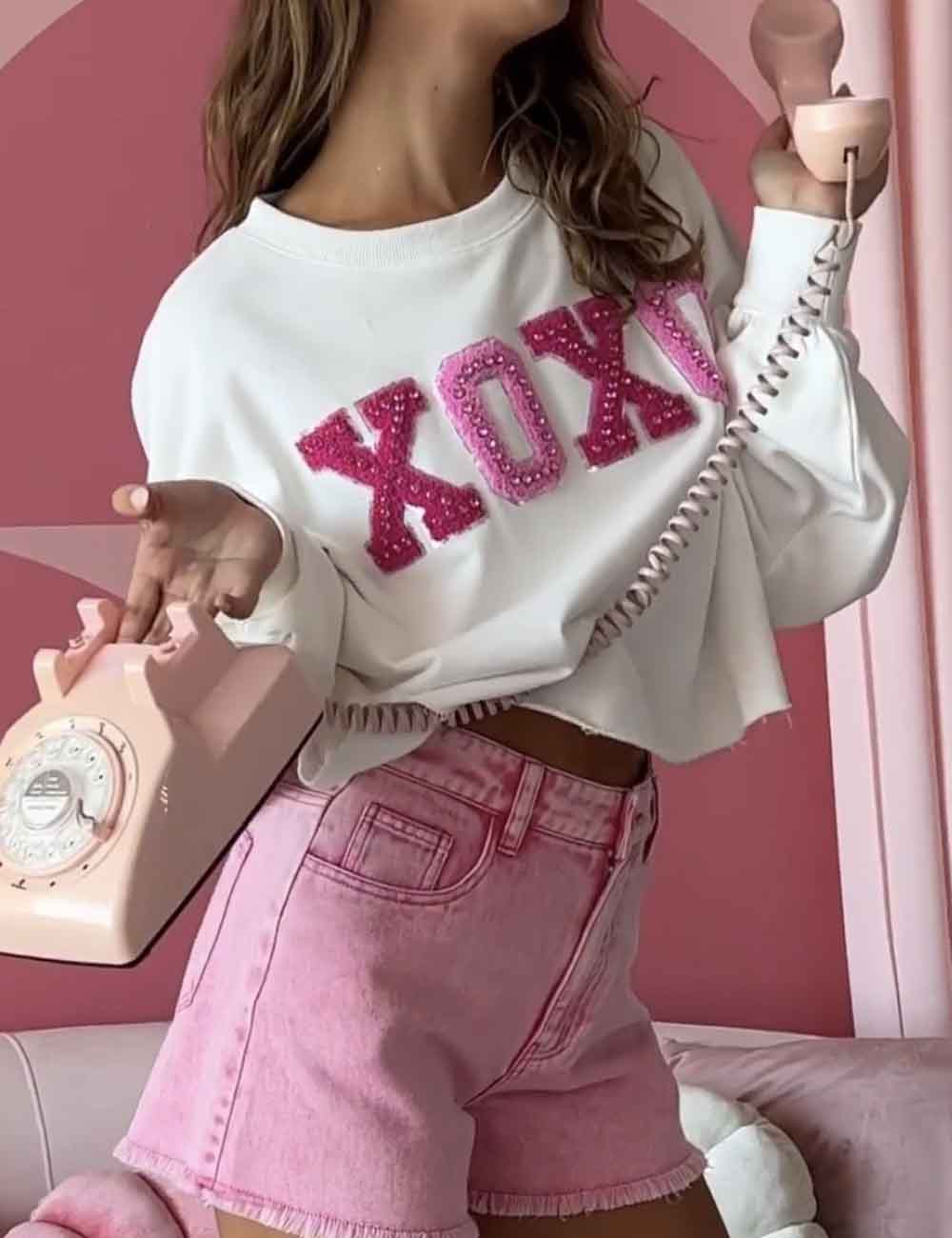 Ladies Round Collar Long Sleeves XOXO Pullover Sweatshirt