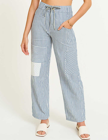 Ladies Striped Color Block Drawstring Barrel Denim Pants
