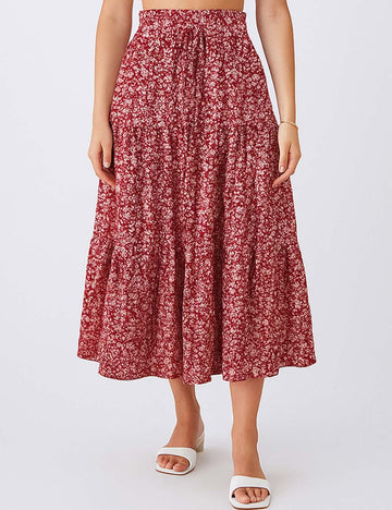 Ladies Boho Elastic Waist Ruched Drawstring Skirt