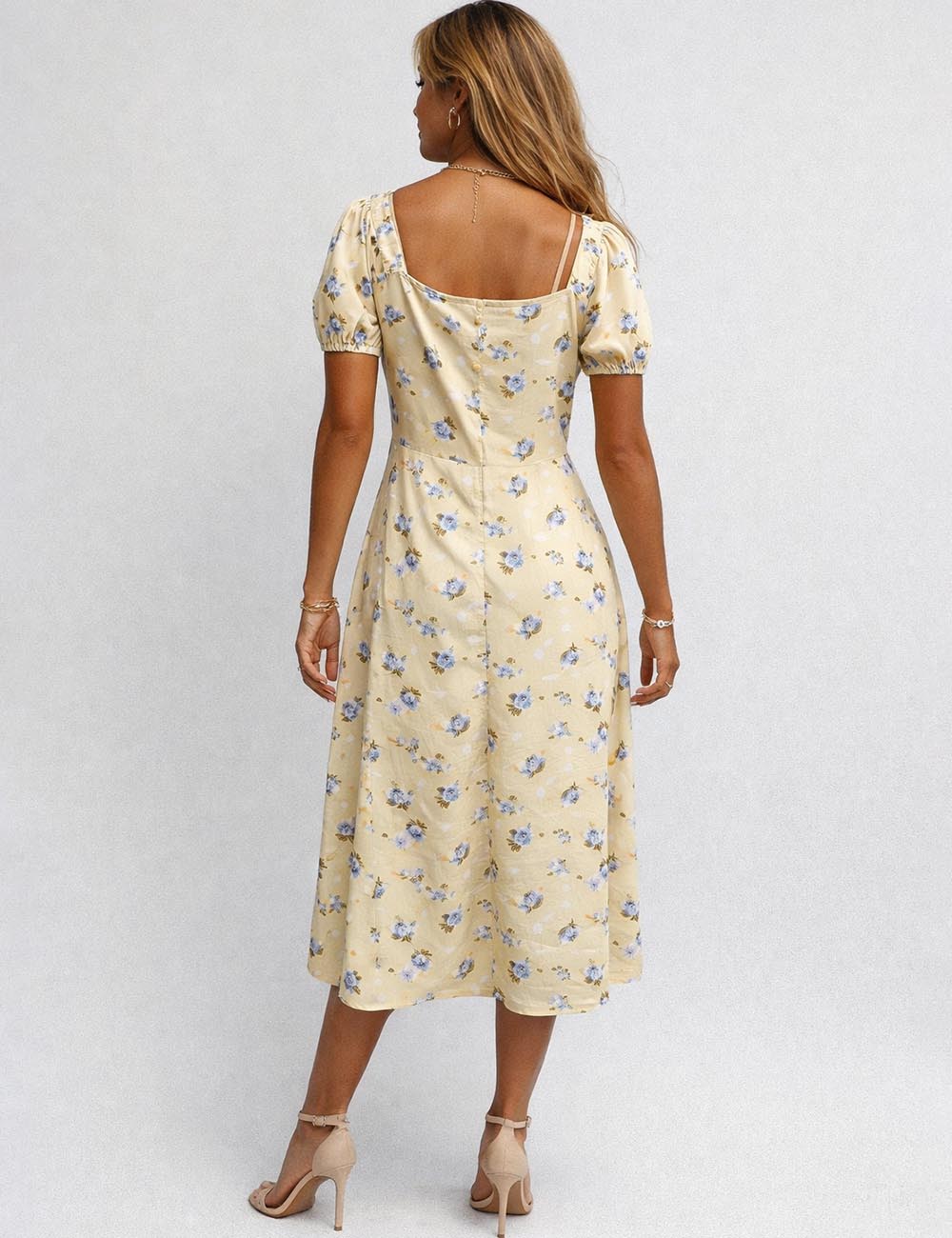 Ladies Floral Print Square Neck Puff Sleeves Boho Midi Dress