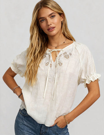 Ladies Embroidery Hollow Out Tie Neck Short Sleeves Blouse