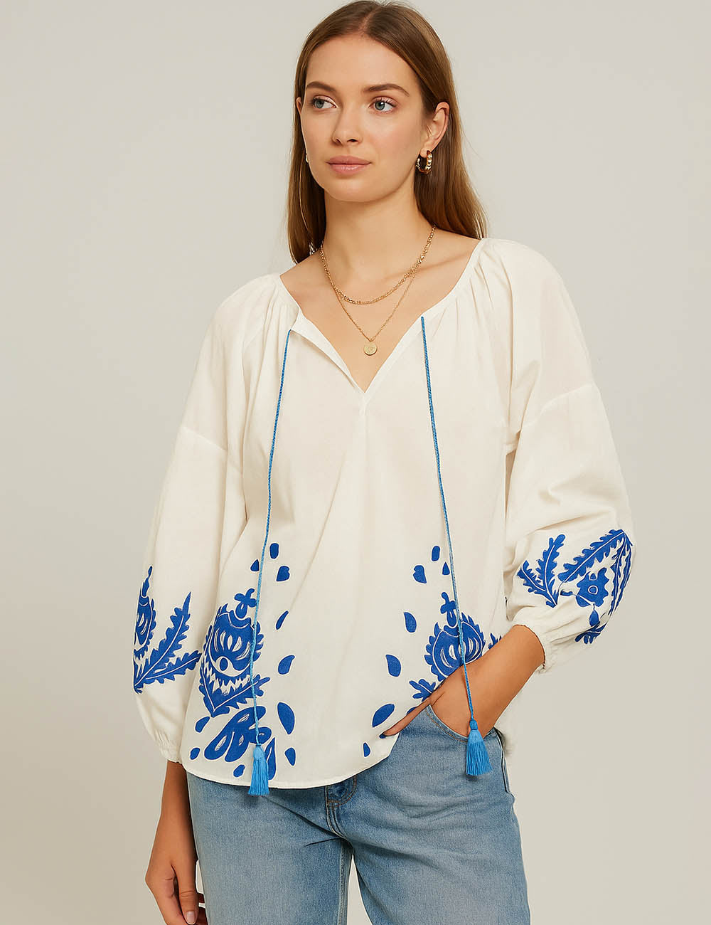 Ladies Boho Embroidery Color Block Round Neck Blouse
