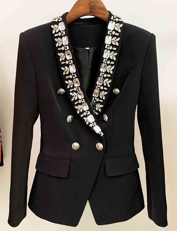 Ladies Rhinestone Shawl Collar Double Breast Black Blazer