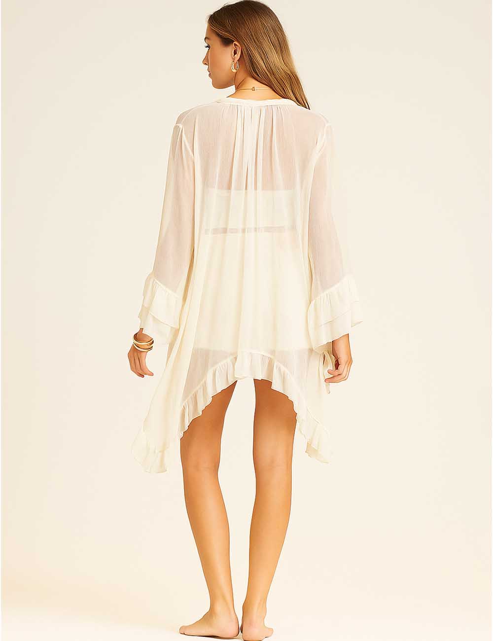 Ladies See Sheer Tie Neckline Irregular Hem Blouse Top