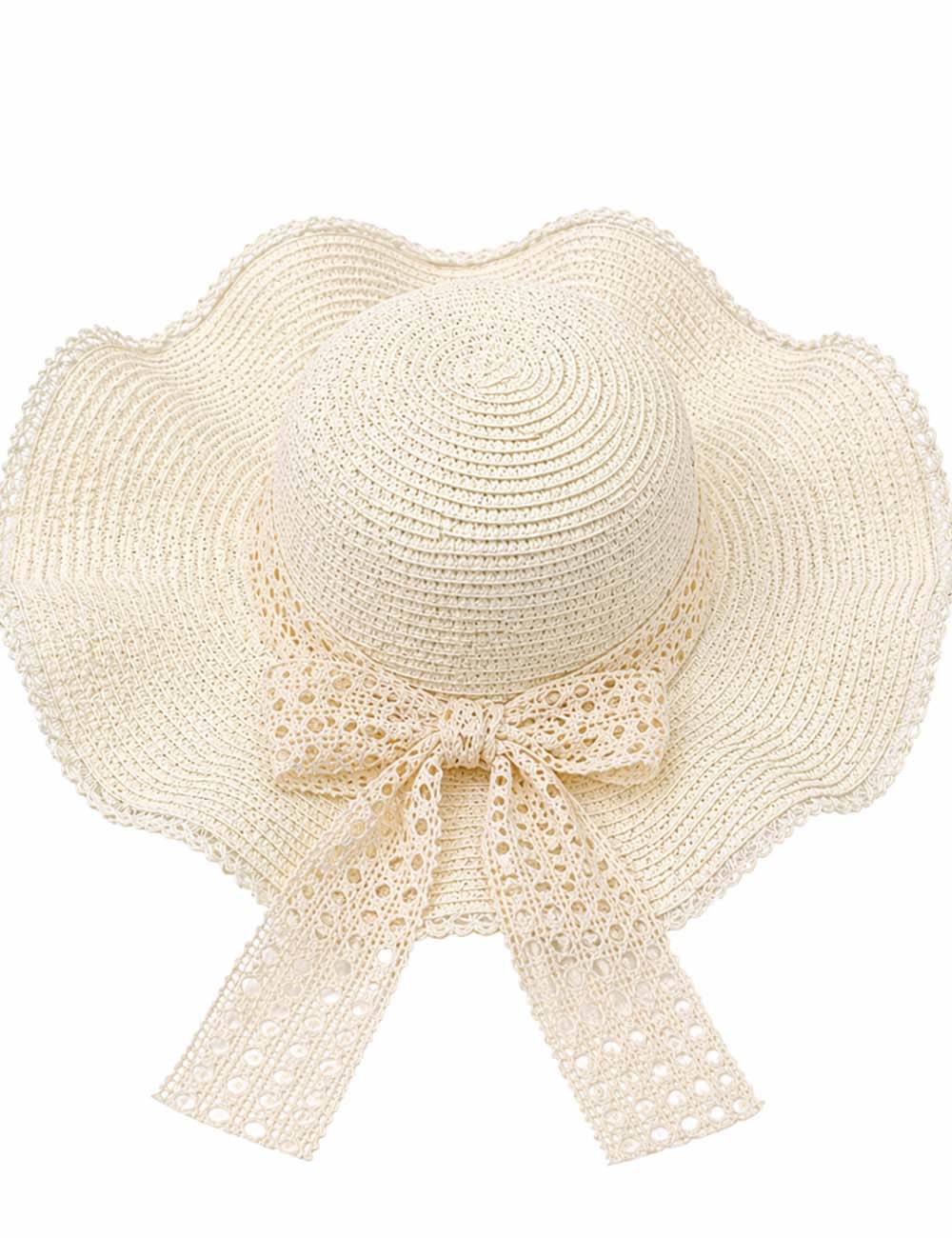 Ladies Boho Ruffled Wide Brim Lace Bow Straw Beach Hat