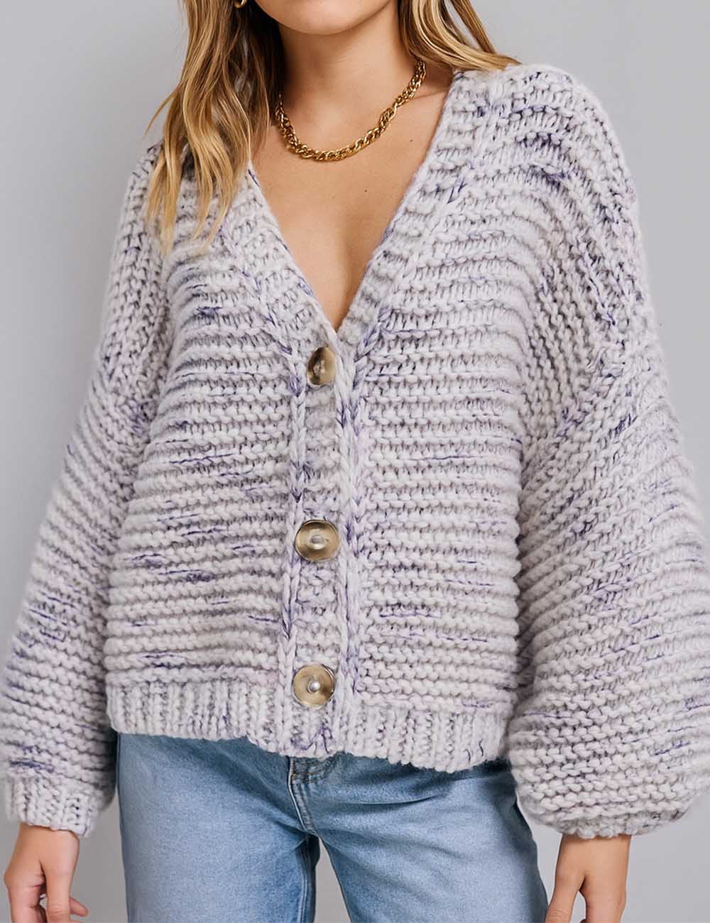 Ladies Multicolor V-Neck Button Front Balloon Sleeves Cardigan