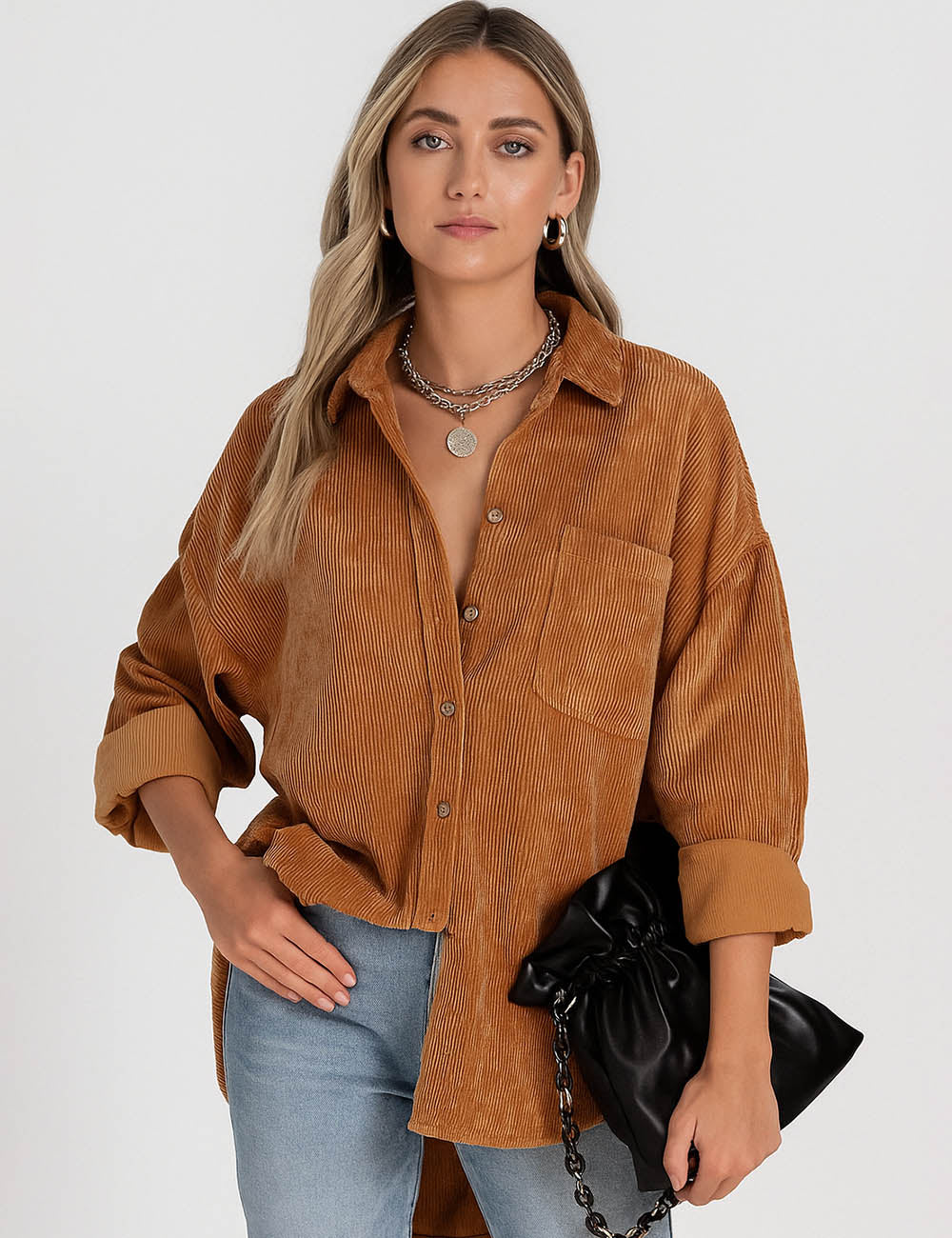 Ladies Corduroy Turn Down Collar Long Sleeves Shirt