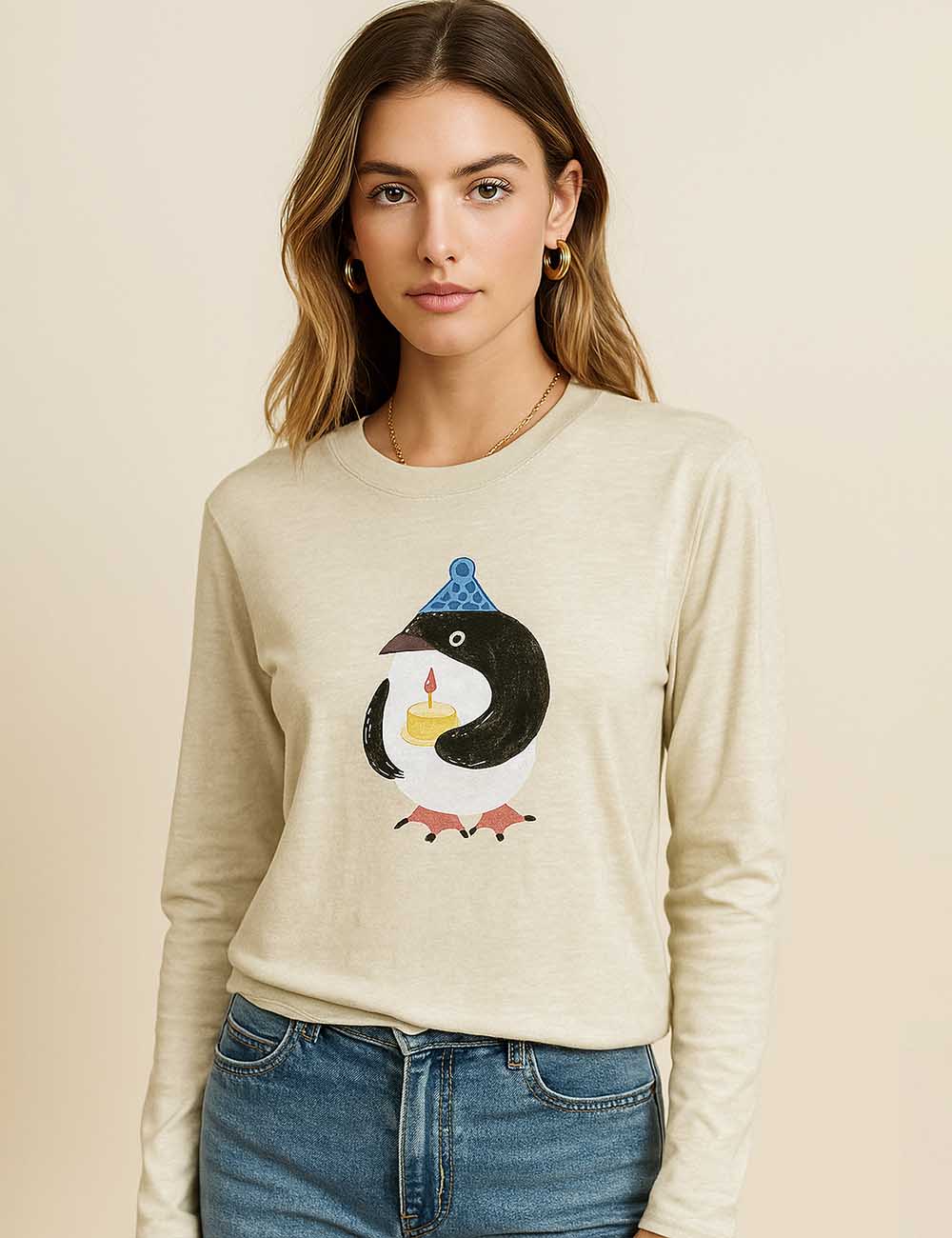 8SKT5K112 Ladies Cute Penguin Print Short Top